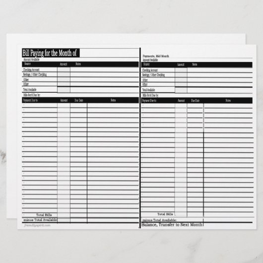 Bill Paying Schedule Sheets - Horizontal (Front/Back)