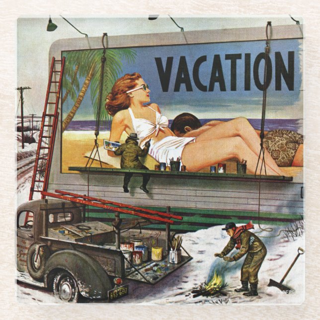 Billboard Painters in Winter by Stevan Dohanos Glass Coaster (Front)