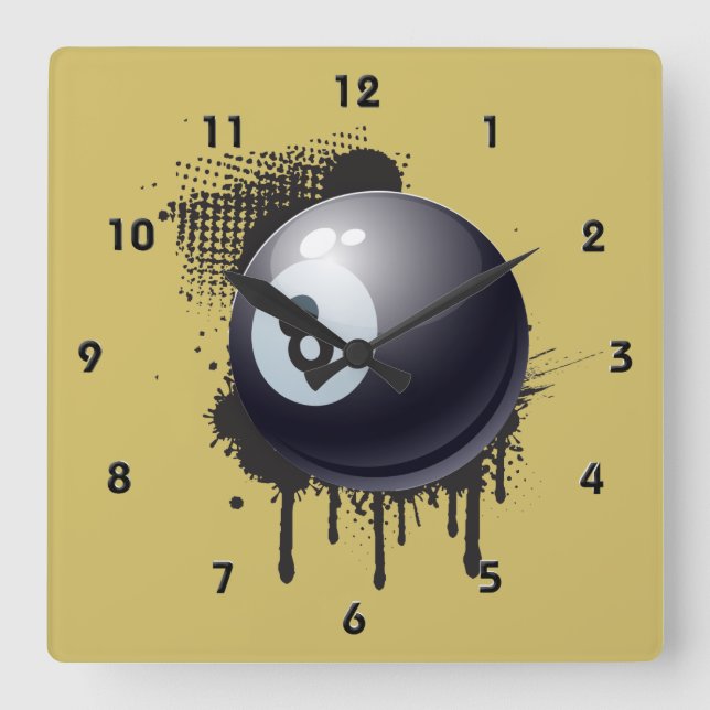 Billiard Ball on Abstract Black Splotch Square Wall Clock (Front)