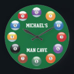 Billiard Balls Personalized Wall Clock<br><div class="desc">Billiard Balls Personalized Wall Clock. A great way to bring pool into your everyday life is with our personalized billiard clock. This will add a nice touch to any pool room! Make any time will be pool time! Customize by adding your name, and change or keep the words man cave...</div>