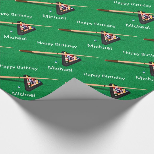 Billiard Balls Pool Stick Personalized Birthday Wrapping Paper (Corner)