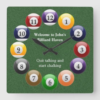 Billiard Balls Shiny Colorful Pool Snooker Sports Square Wall Clock by BCMonogramMe at Zazzle