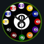 Billiard Balls Wall Clock<br><div class="desc">Fun billard balls custom wall clock - perfect for the game, family or rec room, or for the billiard player!</div>