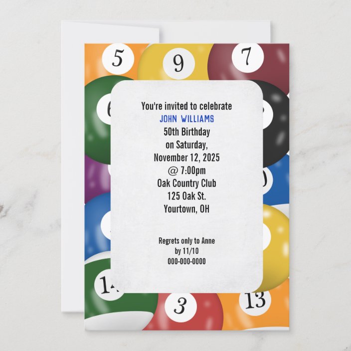 Billiard Birthday Party Theme Invitation