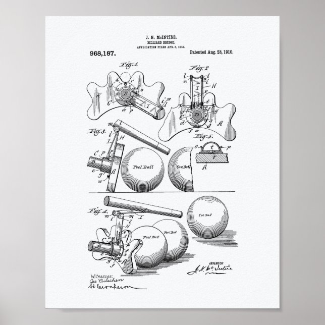 Billiard Bridge 1910 Patent Art - White Paper Poster (Front)