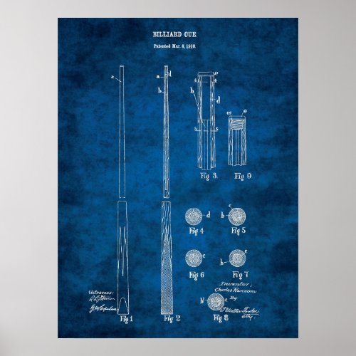 Billiard Cue Patent Art 4 Rec Room Decor