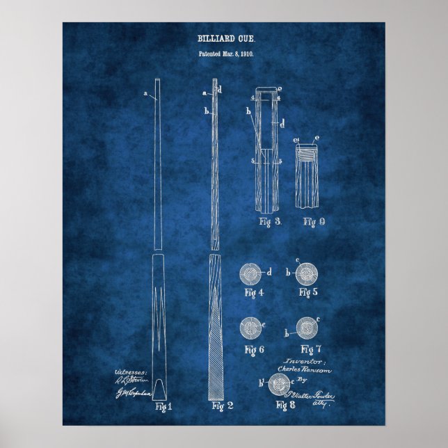Billiard Cue Patent Blueprint no. 4 Pool Room Art Poster (Front)