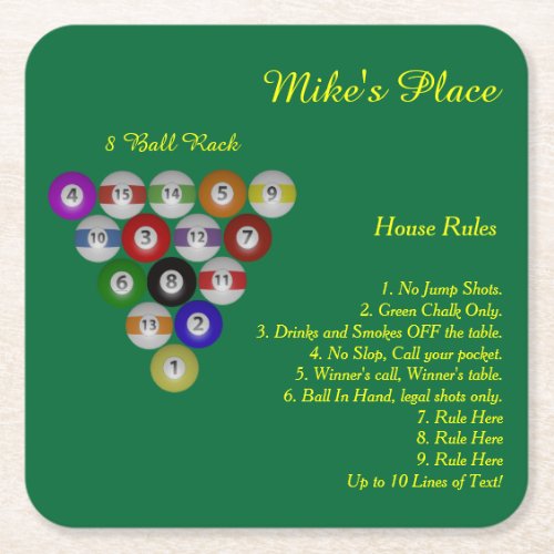 Billiard House 10 Rules Square Paper Coaster