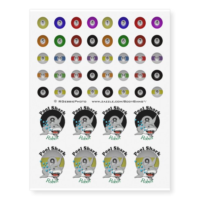 Billiard Pool Ball Set with Shark Temporary Tattoos (Front)