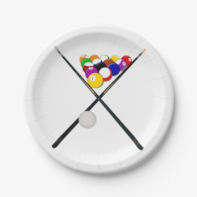 Billiard Pool Balls and Cues Paper Plates (Front)