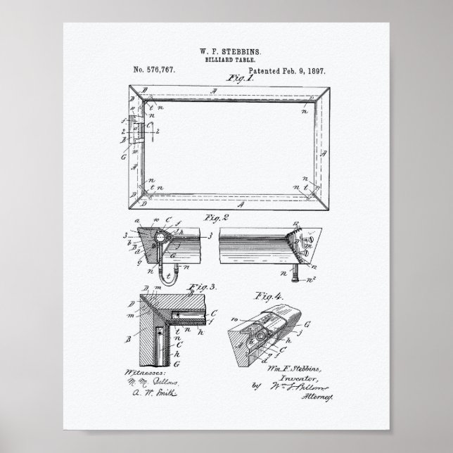 Billiard Table 1897 Patent Art - White Paper Poster (Front)