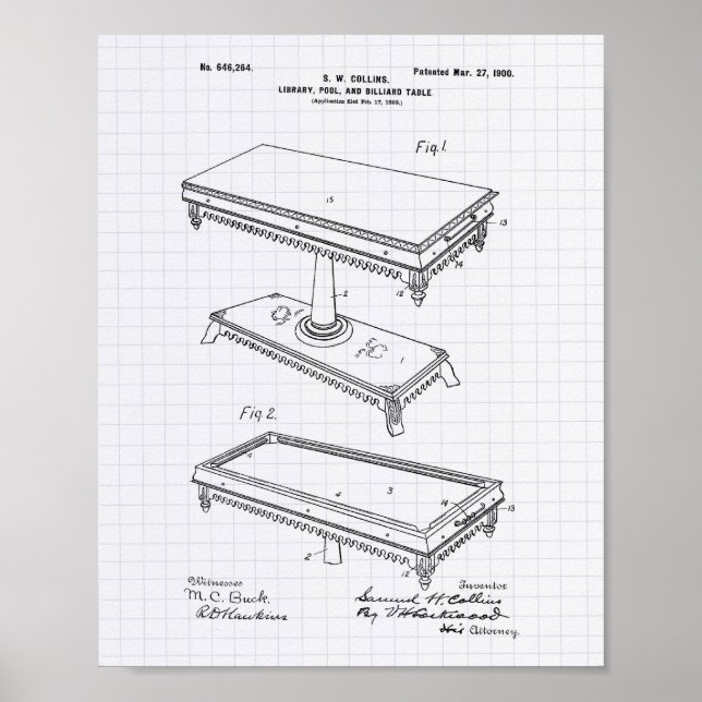 Billiard Table 1900 Patent Art - Lined Peper Poster (Front)