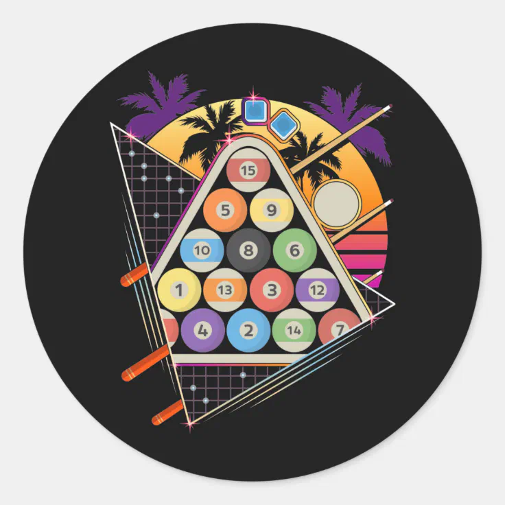 Billiard Vaporwave 80s 90s Snooker Pool Player Classic Round Sticker ...