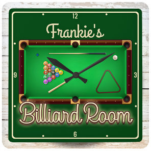 Billiards ADD NAME Pool Table Billiard Game Room Square Wall Clock