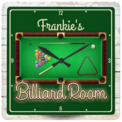 Billiards ADD NAME Pool Table Billiard Game Room Square Wall Clock