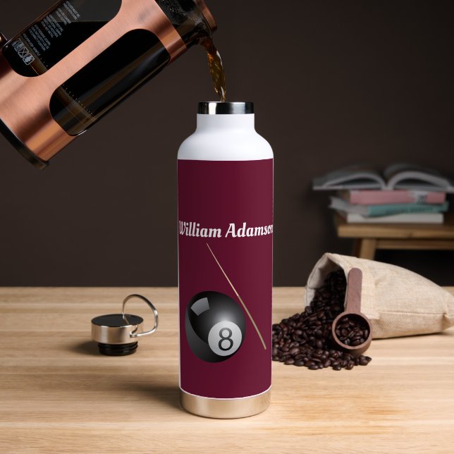 Billiards Ball and Cue Personalize  Water Bottle (Coffee (Rotated))
