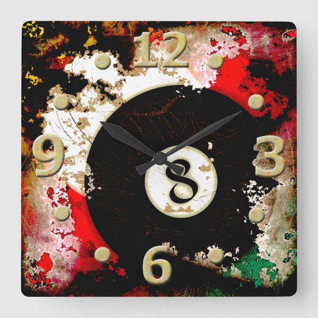 BILLIARDS BALL NUMBER 8 SQUARE WALL CLOCK (Front)