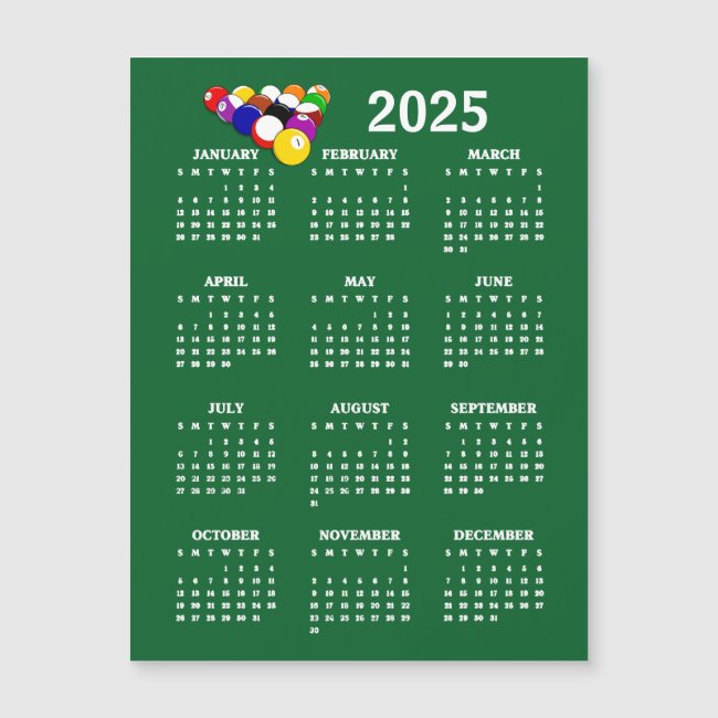 Billiards Balls Pool 2025 Calendar Magnetic Card