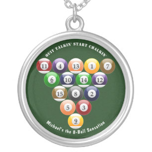 Billiards Eight-Ball Rack 8-Ball Pool Game Sporty Silver Plated Necklace