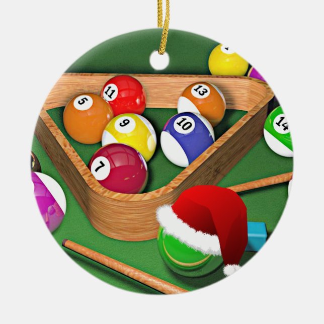 Billiards holiday design ceramic ornament (Front)