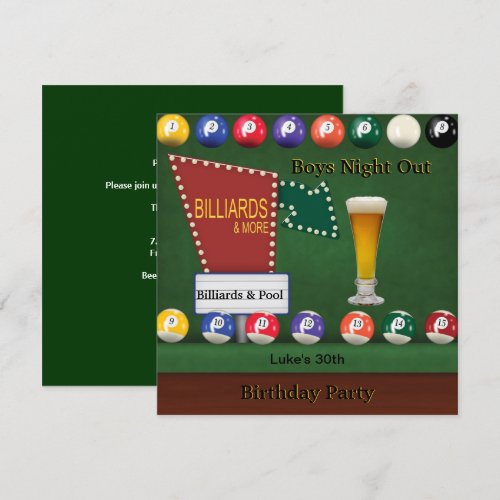 Billiards Pool Mans Birthday Party Night Beer Custom Invitations
