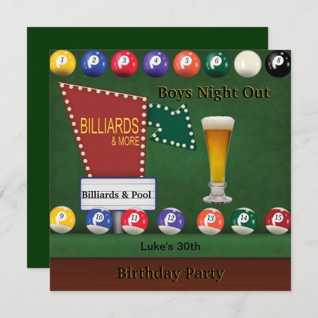 Billiards Pool Mans Birthday Party Night Beer Invitation (Front/Back)