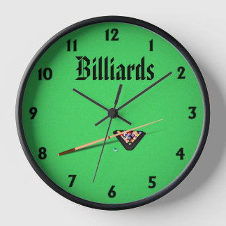 Billiards Pool Table Cue and Balls Black Numbers Clock