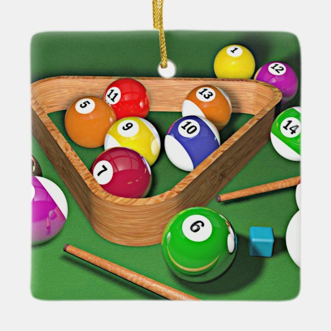 Billiards, rack 'em up, colorful design,  ceramic ornament (Front)