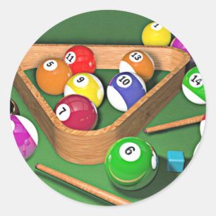 Billiards, rack 'em up, colorful design, classic round sticker