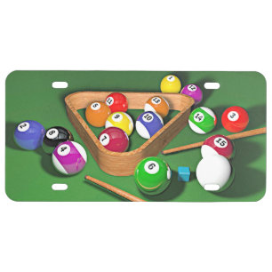 Billiards, rack 'em up, colorful design, license plate