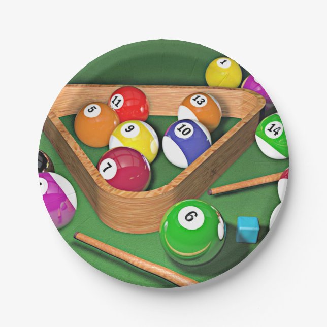 Billiards, rack 'em up, colorful design, paper plates (Front)
