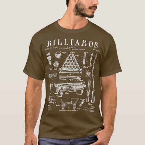 Billiards Table Pool Cue Ball Vintage Patent Drawi T_Shirt