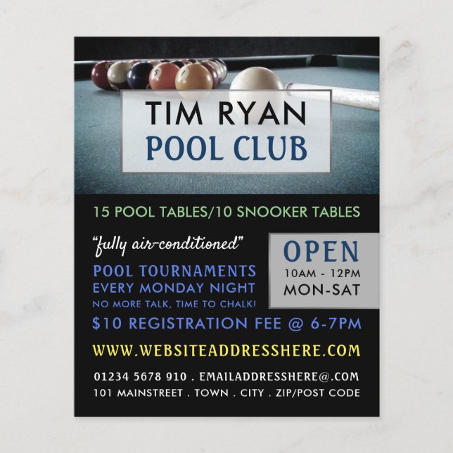 Billiards Table, Pool, Snooker Club Advertising Flyer (Front)