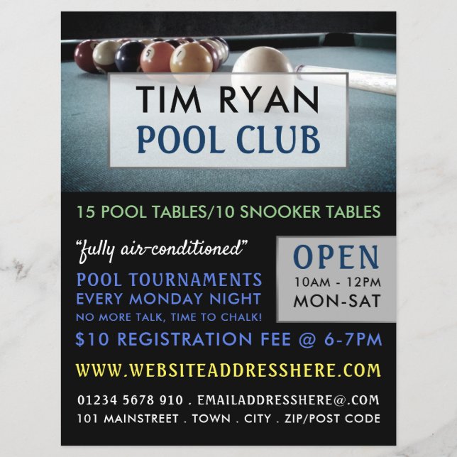 Billiards Table, Pool, Snooker Club Advertising Flyer (Front)