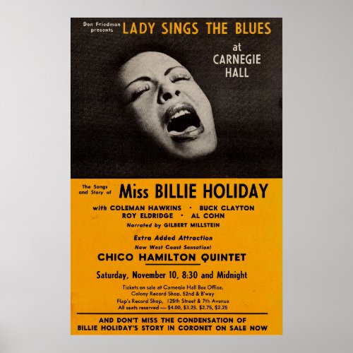Billie Holiday Carnegie Hall Concert Jazz Vintage Poster