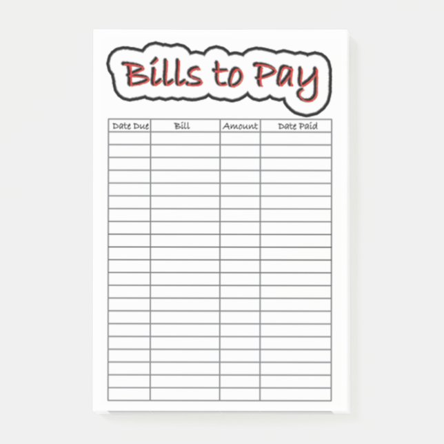 Bills to Pay Post-it Notes (Front)