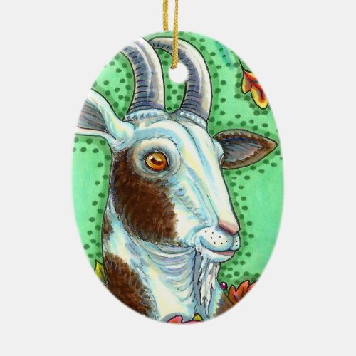 BILLY GOAT AND AUTUMN LEAVES THANKSGIVING FARM CERAMIC ORNAMENT