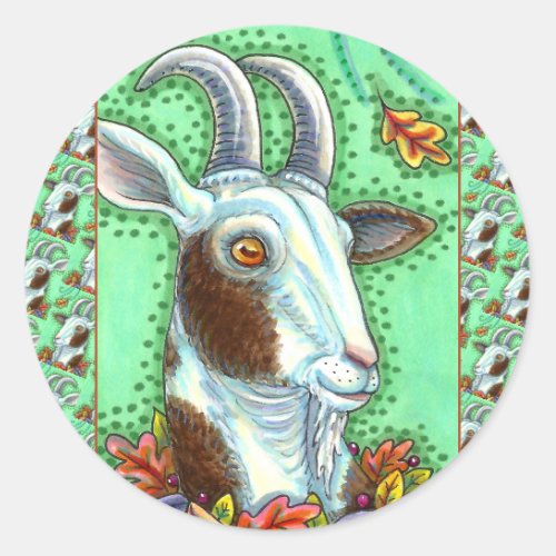 BILLY GOAT AND AUTUMN LEAVES THANKSGIVING FARM CLASSIC ROUND STICKER