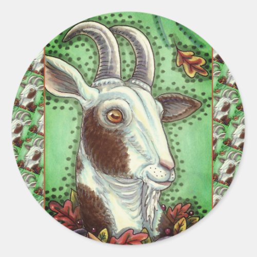BILLY GOAT AND AUTUMN LEAVES THANKSGIVING FARM CLASSIC ROUND STICKER