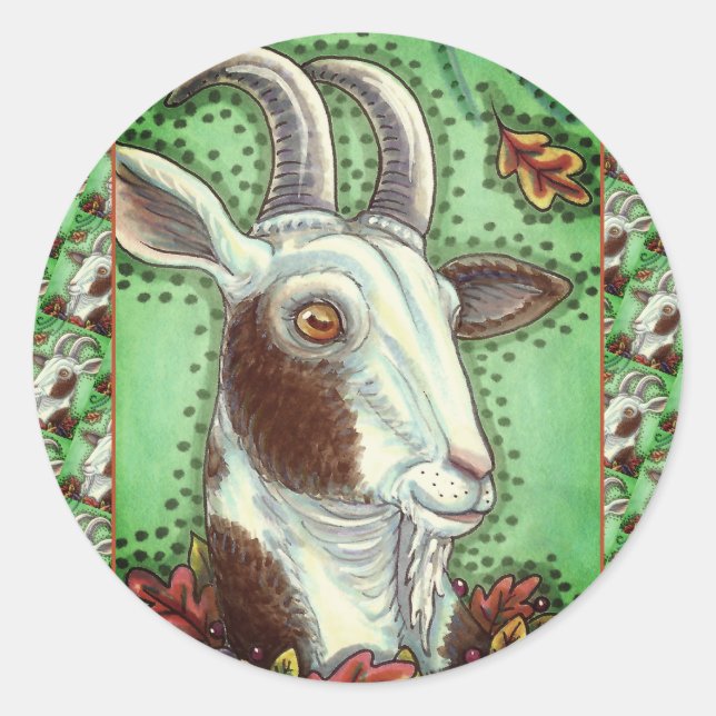 BILLY GOAT AND AUTUMN LEAVES, THANKSGIVING FARM CLASSIC ROUND STICKER (Front)