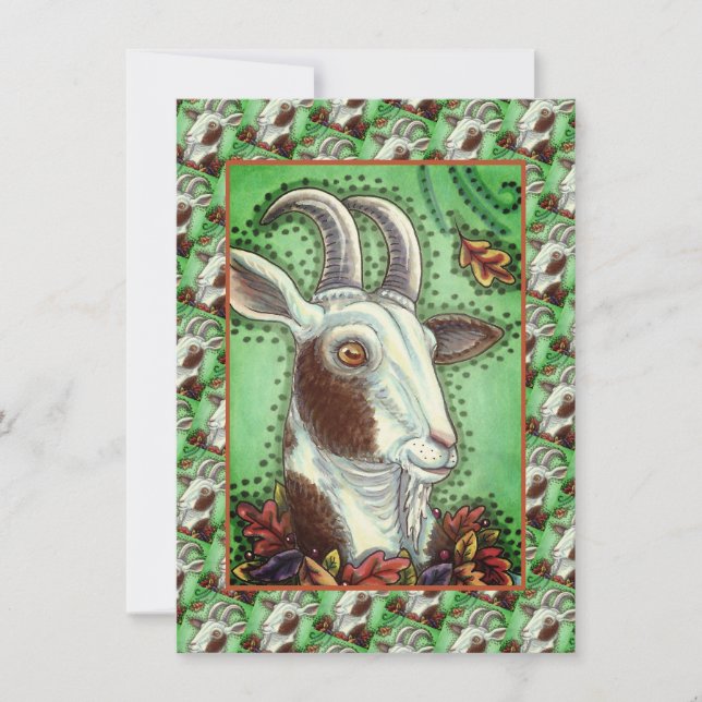 BILLY GOAT AND AUTUMN LEAVES, THANKSGIVING FARM NOTE CARD (Front)