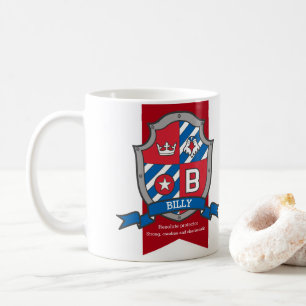 Billy name meaning letter B bird red blue shield Coffee Mug