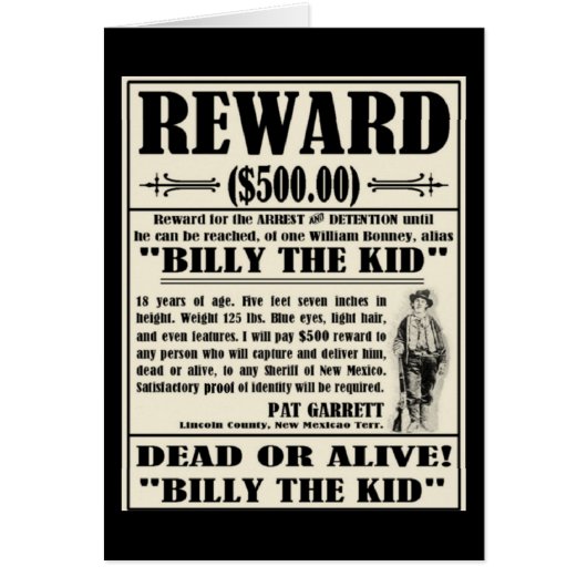 Billy the Kid Wanted Poster Cards (Front)