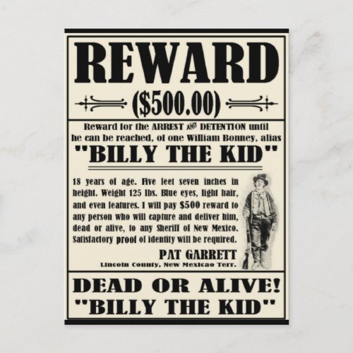 Billy the Kid Wanted Poster Postcard