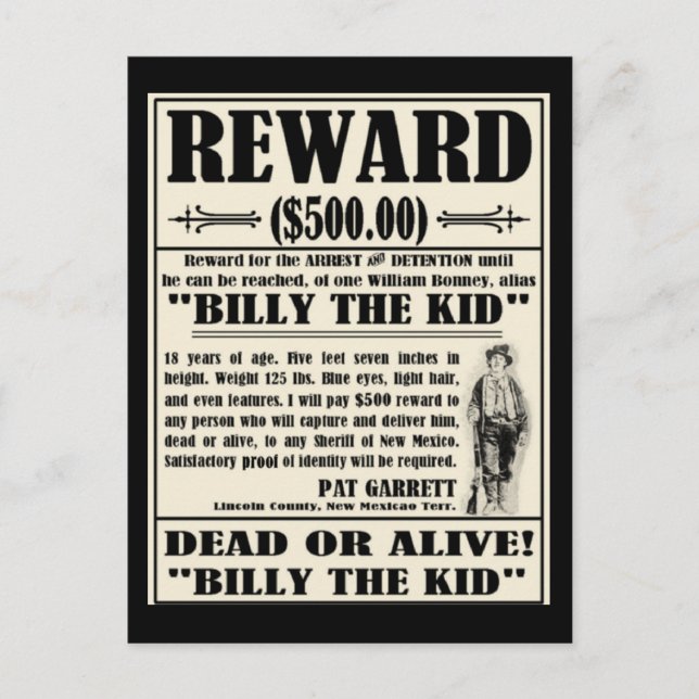 Billy the Kid Wanted Poster Postcard (Front)