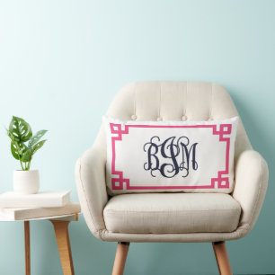 BIM Pink and Navy Greek Key Script Monogram Lumbar Pillow