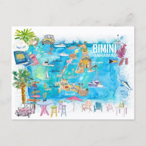 Bimini Bahamas Illustrated Map  Postcard