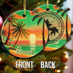 Bimini Bahamas Vintage Travel Souvenir Palm Trees Ceramic Ornament<br><div class="desc">Bimini Bahamas Tropical Retro Sunset design. Indulge in the nostalgia of Bimini with our vintage souvenir, designed specifically for seaside vacationers. Reminiscent of a bygone era, this design encapsulates the tranquility and beauty of the cove, serving as a delightful reminder of your beachside getaway. You can customize and modify this...</div>