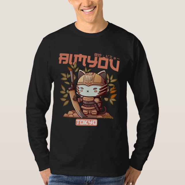 Bimyou Samurai Cat Graphic with Cherry Blossom Tre T-Shirt (Front)