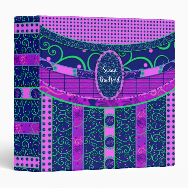 Binder, Name Insert,Fun Patterns, Navy/Pink/Purple 3 Ring Binder (Front/Spine)